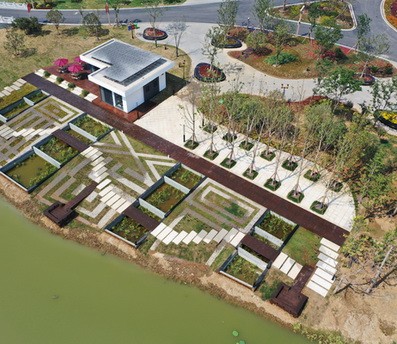 Sino-deutscher und Sino-französischer vorgefertigter ökologischer Pavillon im Jingzhou Garden Expo Park, Hubei