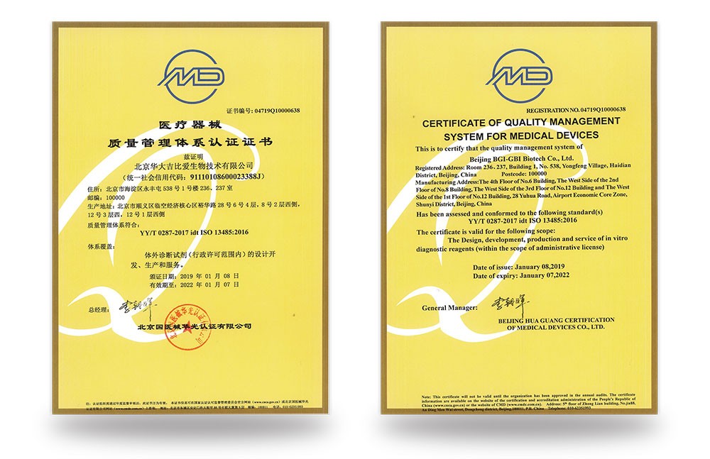 Certificate of Quality Management System for Medical Devices (ISO13486:2016)