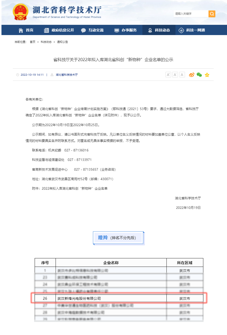 【企业资讯】新烽光电入选2022湖北省科创“新物种”瞪羚企业