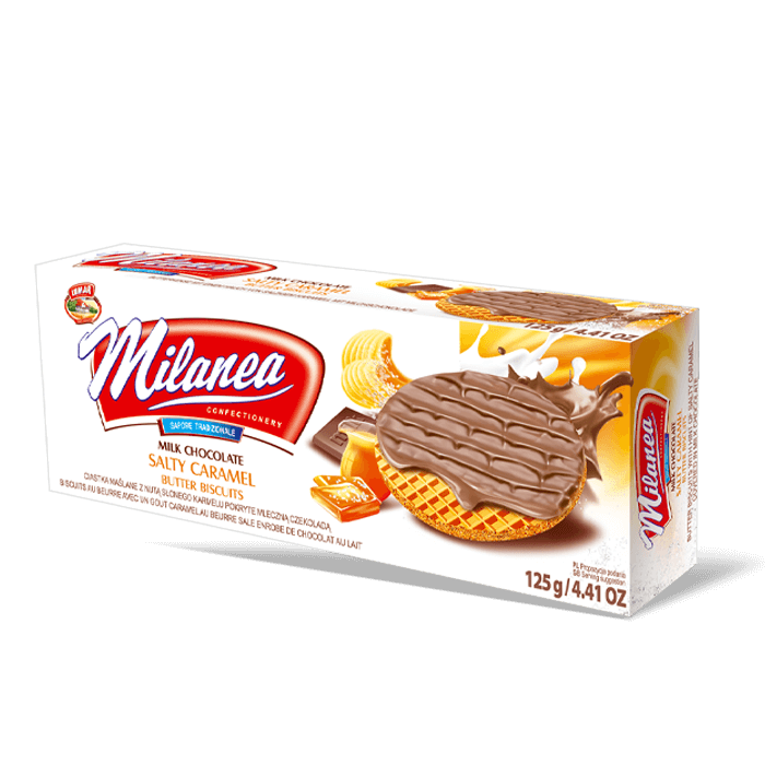 Milanea Ciastka maślane z nutą słonego karmelu pokryte mleczną czekoladą 125 g